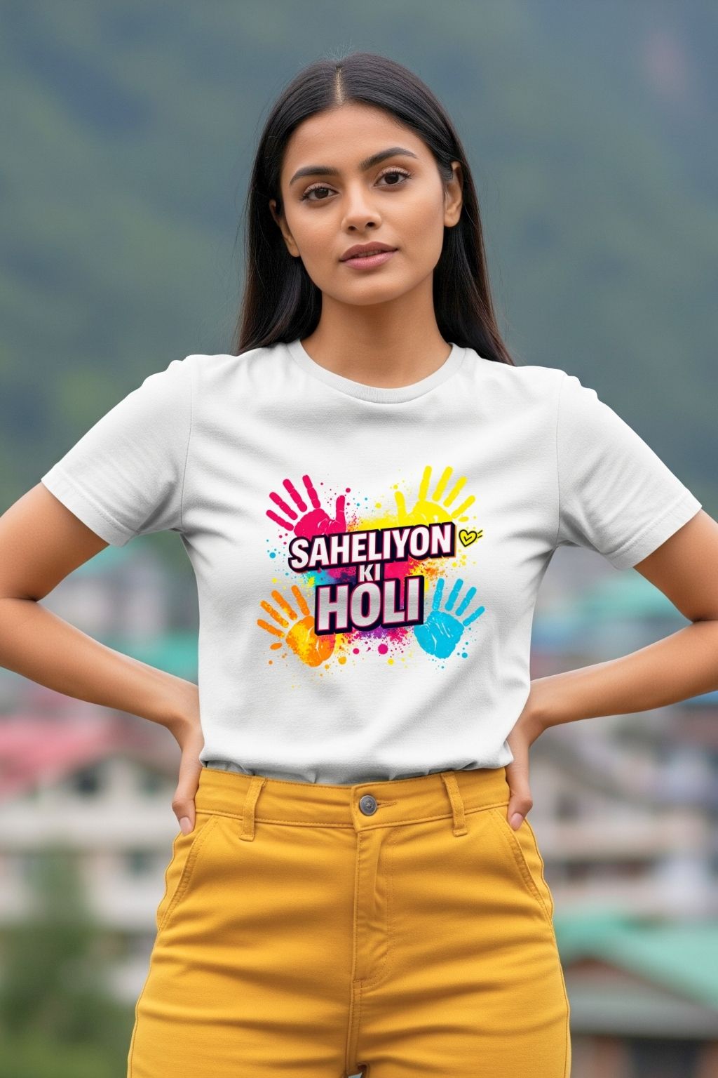 Woman wearing a white t-shirt with colorful text "saheliyon ki holi" and designs, standing outdoors.