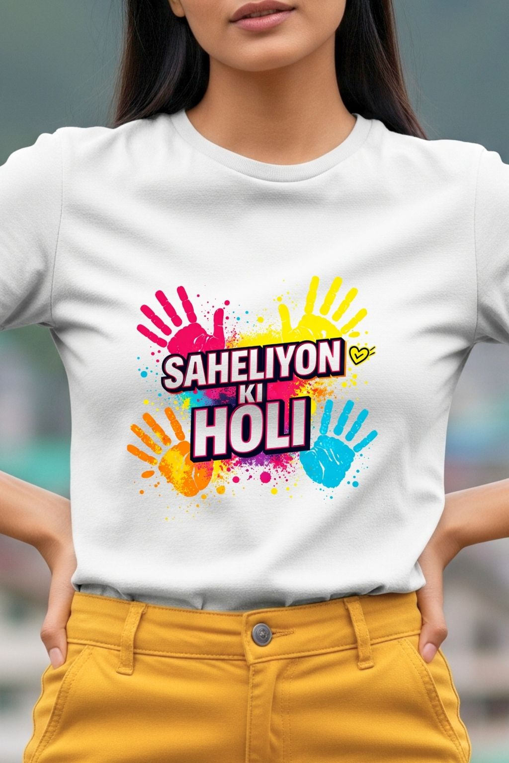 close up view of a woman wearing a white t-shirt with colorful text "saheliyon ki holi" and design, standing against a blurred background.