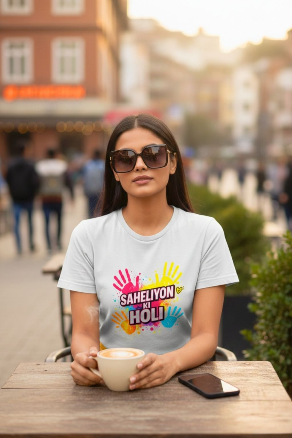 Woman sitting at an outdoor cafe holding a cup, wearing a white t-shirt with colorful graphics and text "saheliyon ki holi".