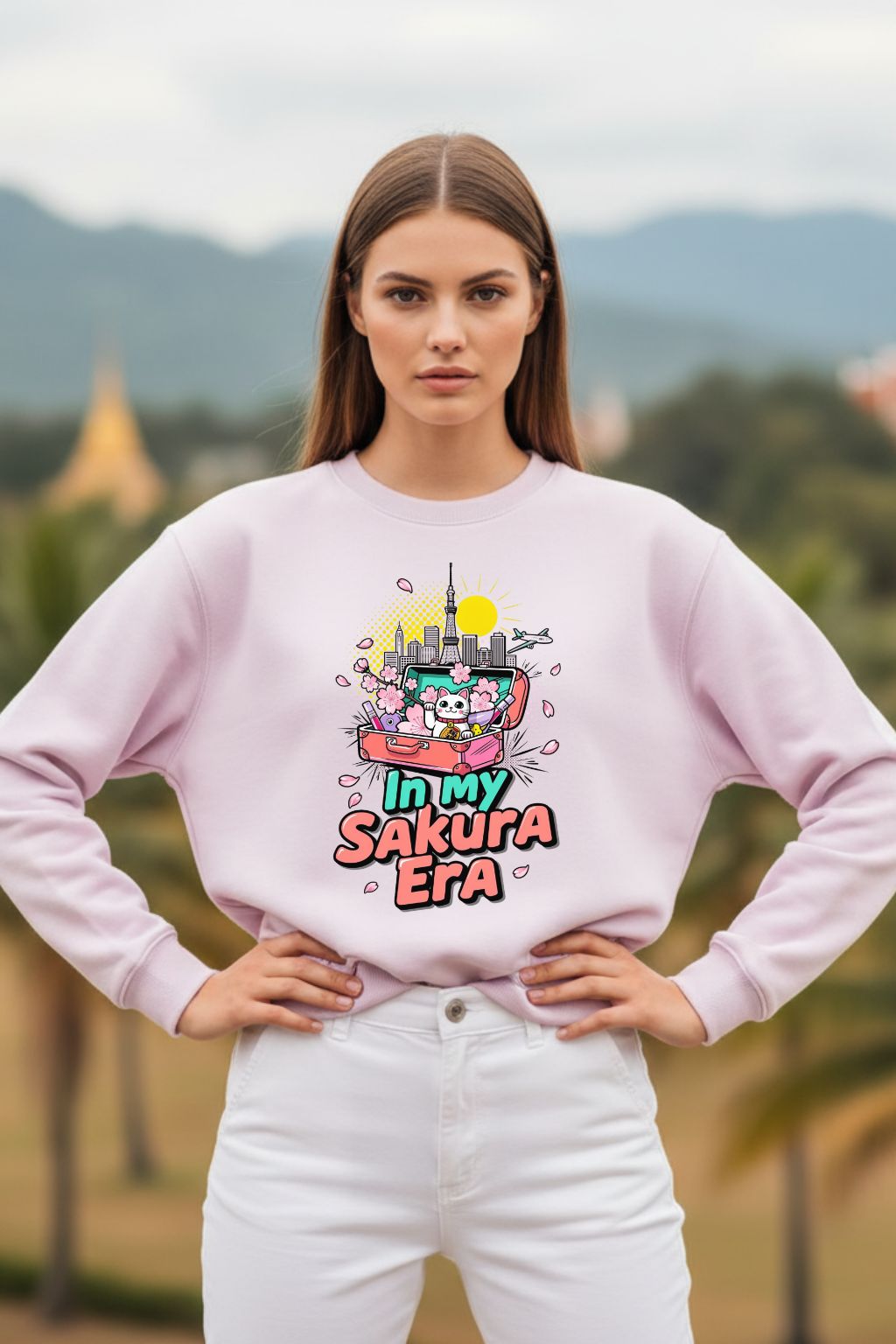 Woman wearing a light baby pink oversized sweatshirt with a colorful graphic design outdoors.