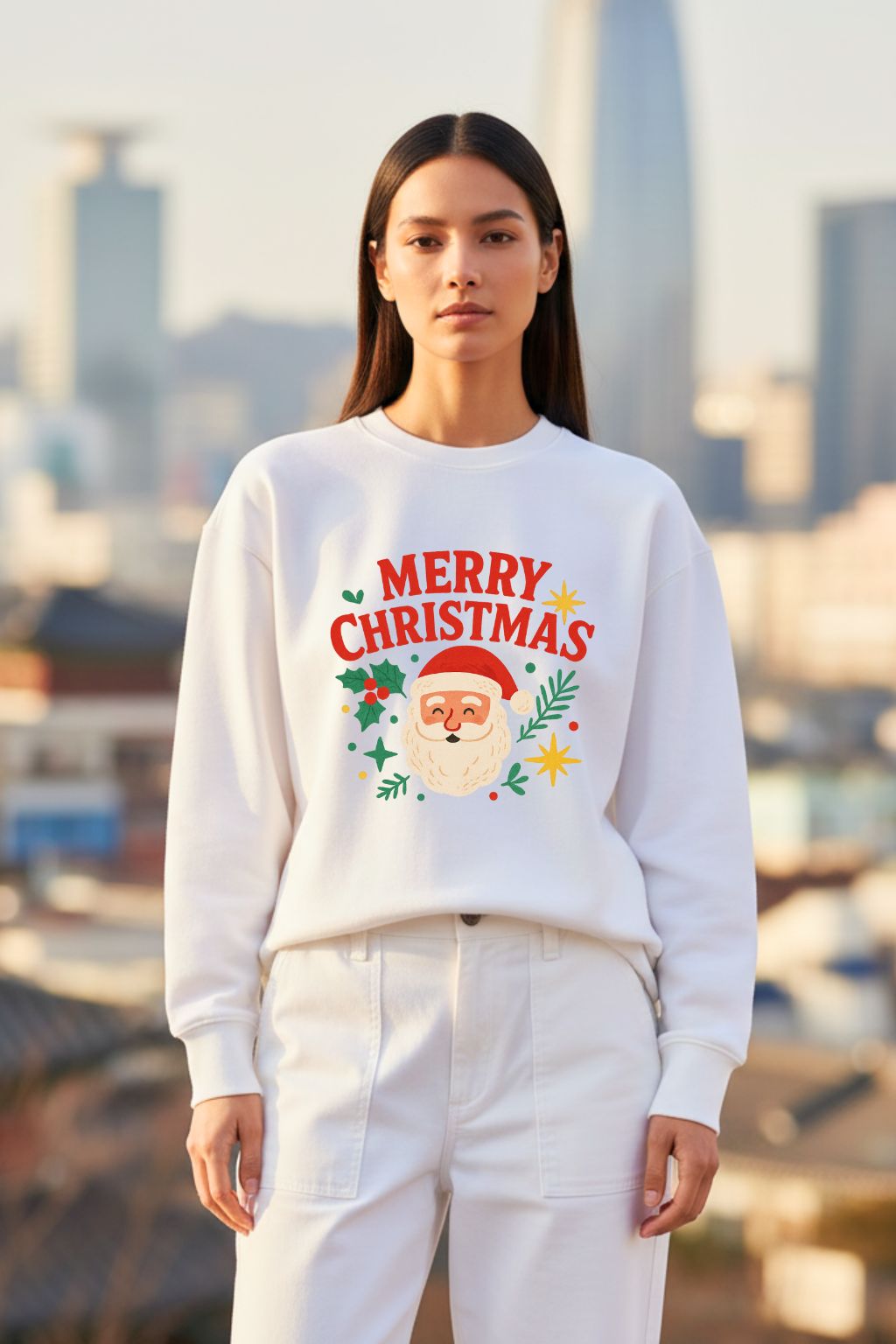Woman wearing a white sweatshirt with 'Merry Christmas' and Santa Claus design, standing in an urban setting.