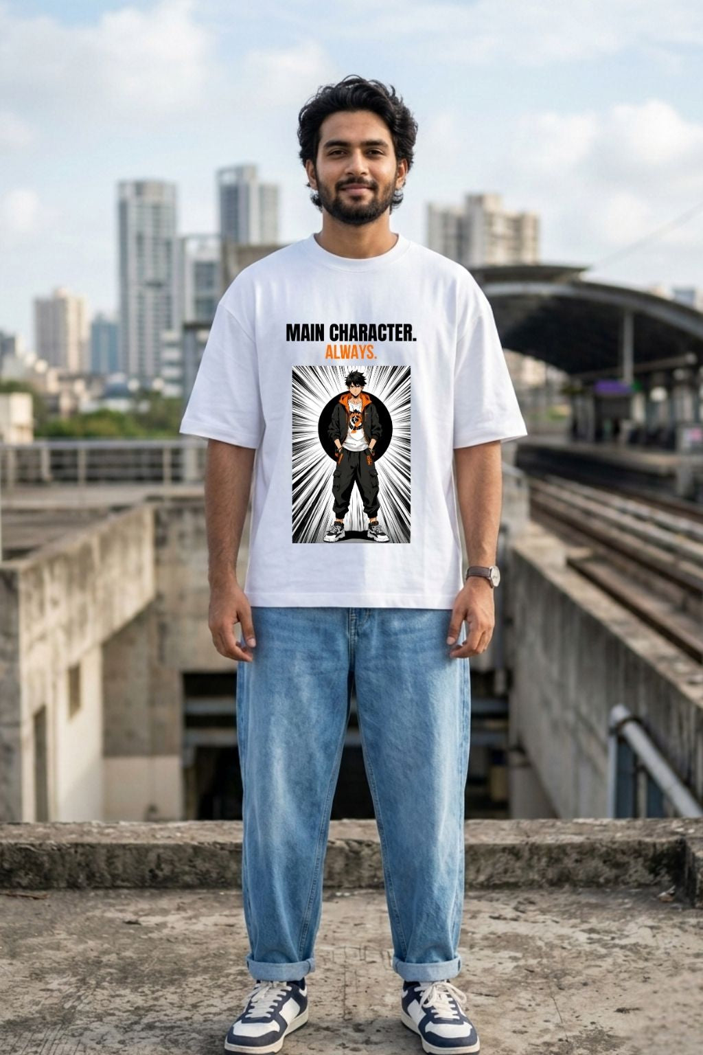 Full-length street style photo of man in white ZUPPI oversized anime tee featuring "MAIN CHARACTER. ALWAYS." manga protagonist print, paired with baggy blue jeans, standing at an urban rooftop railway location in India