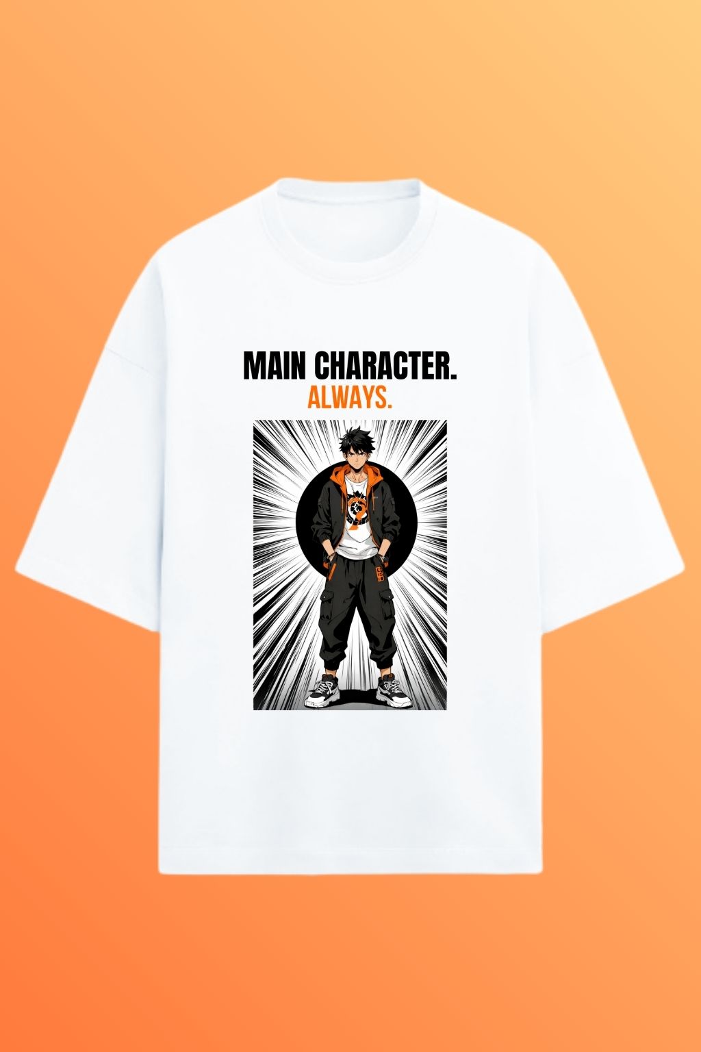 Flat lay of ZUPPI Shonen Energy white oversized terry tee — bold 'MAIN CHARACTER. ALWAYS.' manga graphic print, 260 GSM French Terry fabric, DTF print, anime streetwear India