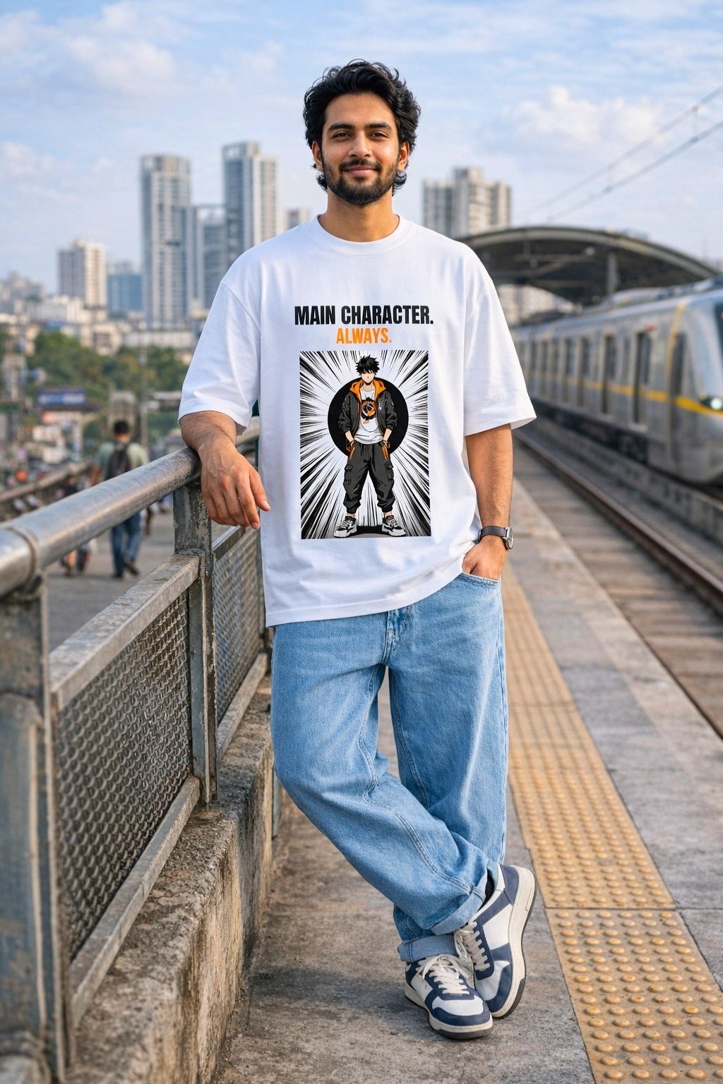 Man wearing ZUPPI white oversized anime t-shirt with "MAIN CHARACTER. ALWAYS." shonen graphic, styled with wide-leg blue jeans and white sneakers, leaning on a railing at an Indian metro station platform