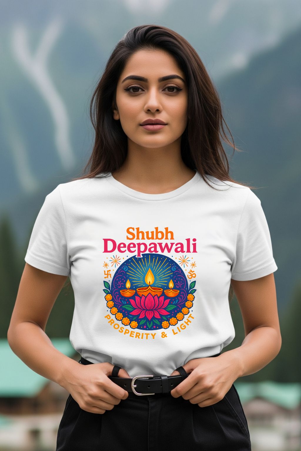 White t-shirt for Diwali with a 'Shubh Deepawali' print featuring diya lamps and lotus flowers.