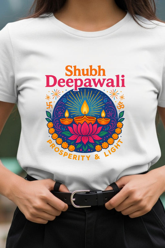Close-up of a white t-shirt featuring a 'Shubh Deepawali' print with detailed diya lamps and lotus flower graphics.