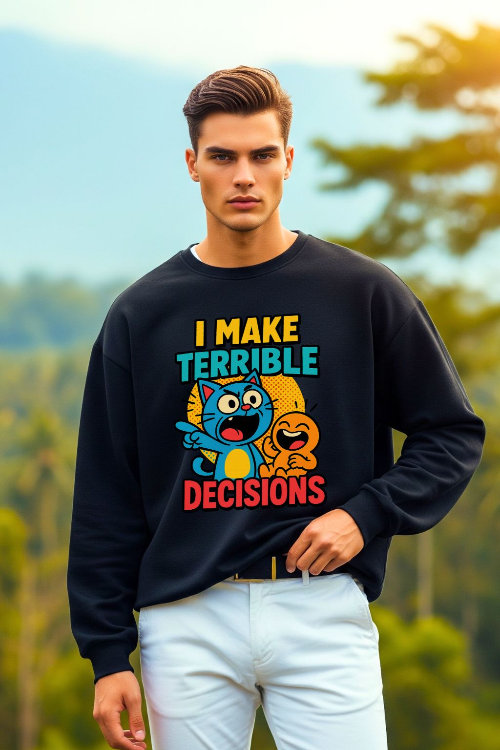 Man wearing a black oversized sweatshirt with colorful text and cartoon characters outdoors.