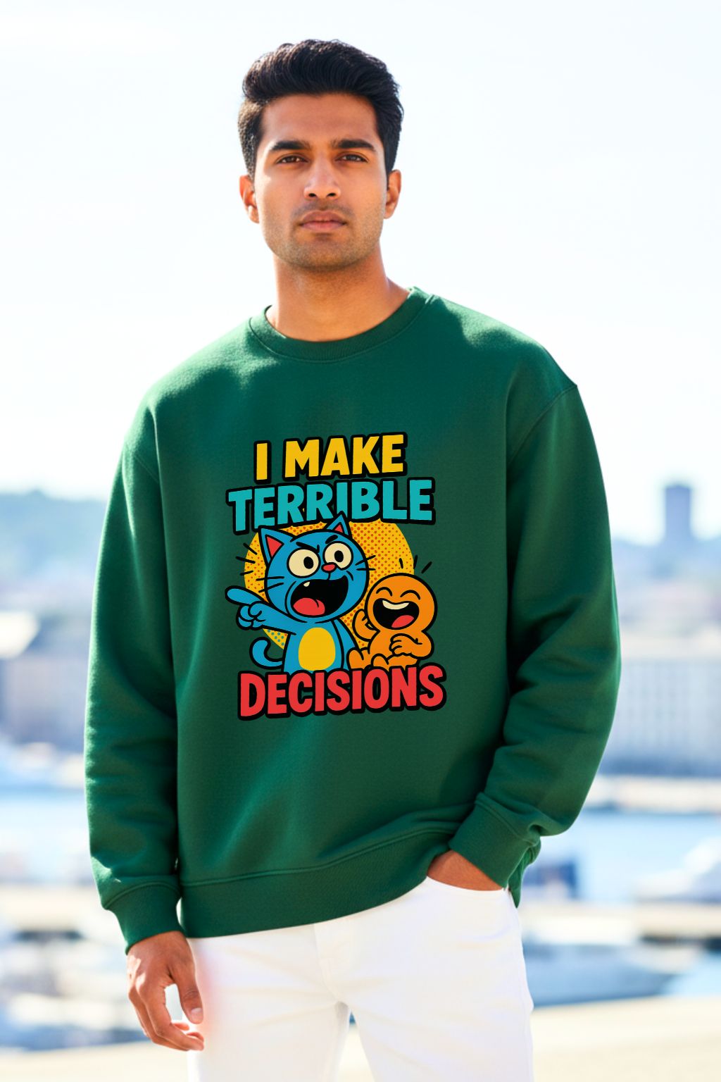 Man wearing a bottle green oversized sweatshirt with cartoon characters and text in an outdoor setting