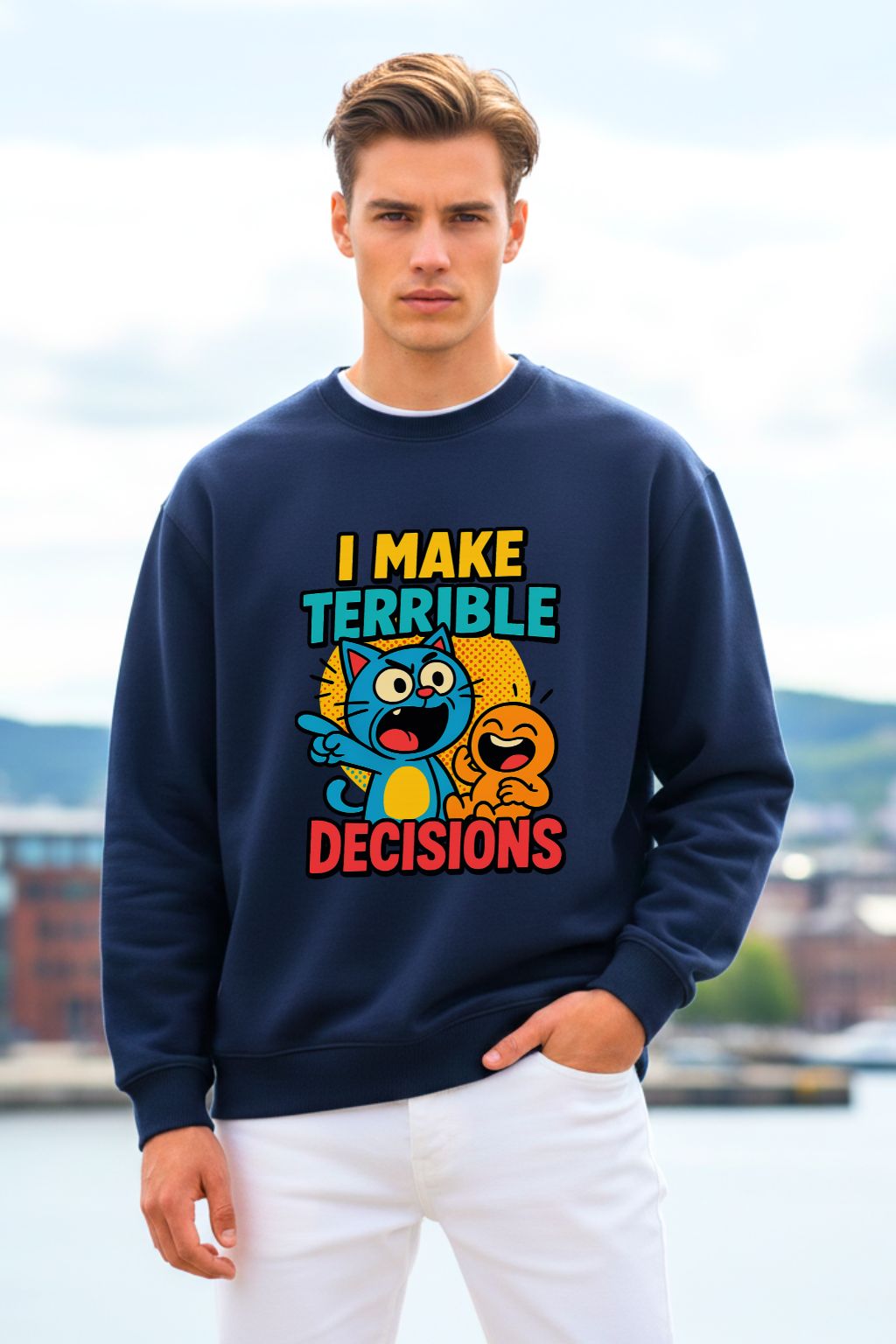 Man wearing a navy blue oversized sweatshirt with colorful graphic and text, standing outdoors.