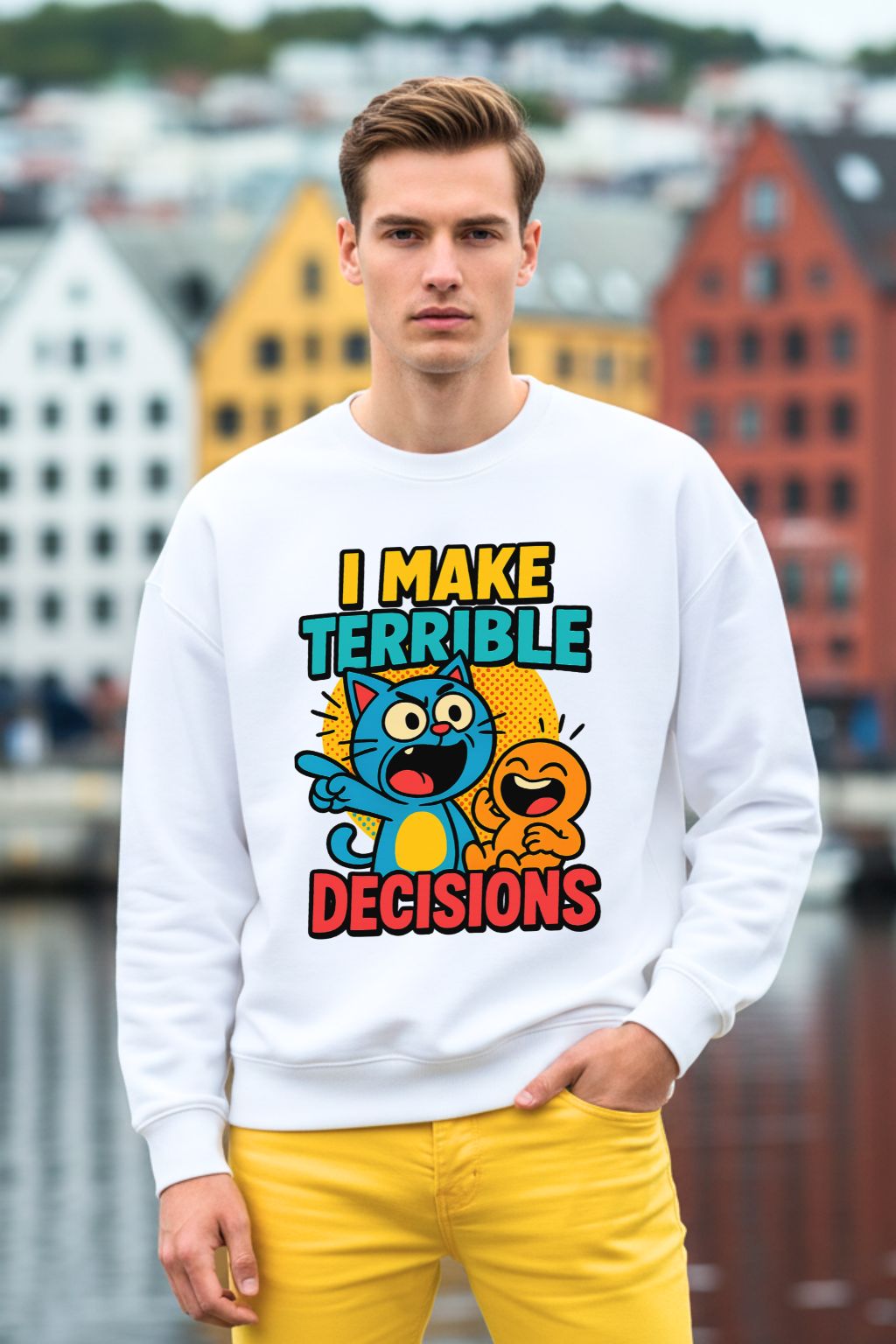 Man wearing a white oversized sweatshirt with cartoon characters and text in an urban setting