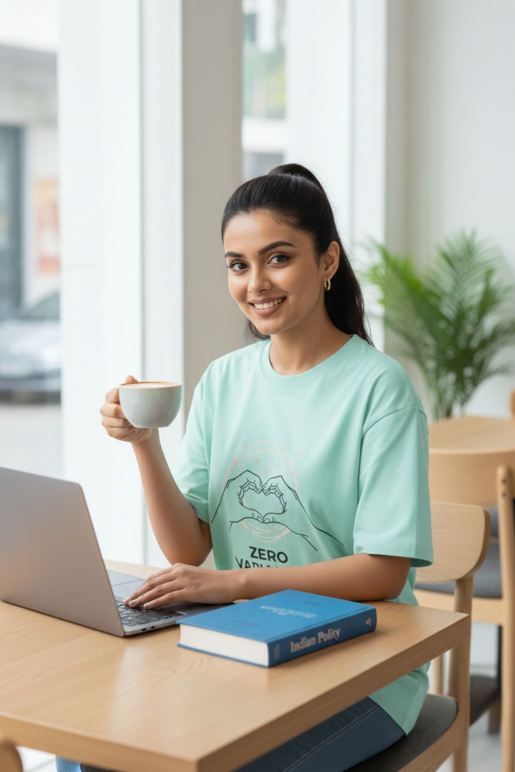 Woman sitting at a table with a laptop and book, holding a cup wearing a mint oversized t-shirt having "upsc aspirant zero variables" design