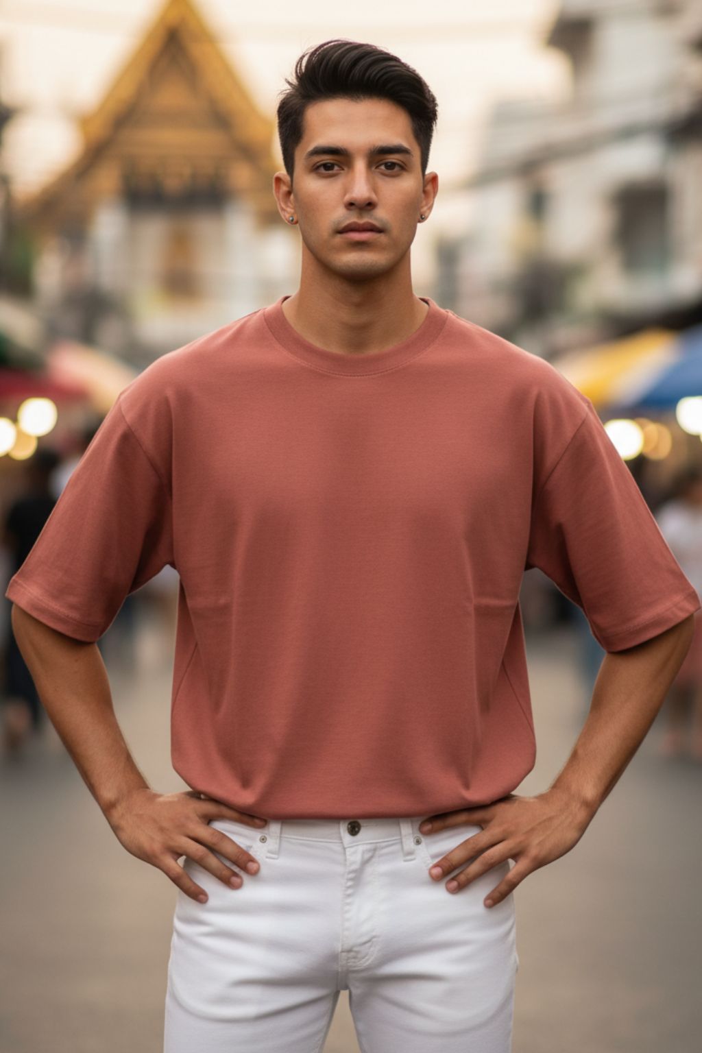 Man wearing a coral oversized shirt and white pants standing on a street with blurred background