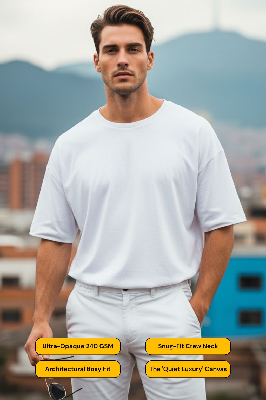 Man wearing a white oversized t-shirt with text overlay on a blurred outdoor background