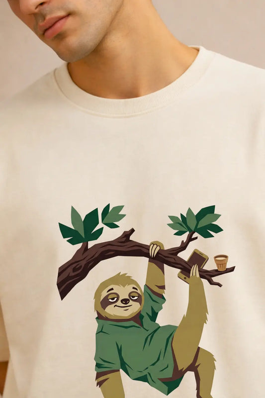 Aaj Nahi Sloth DTF Chest Print Closeup — Desi Graphic Oversized Tee | JUNOSHI