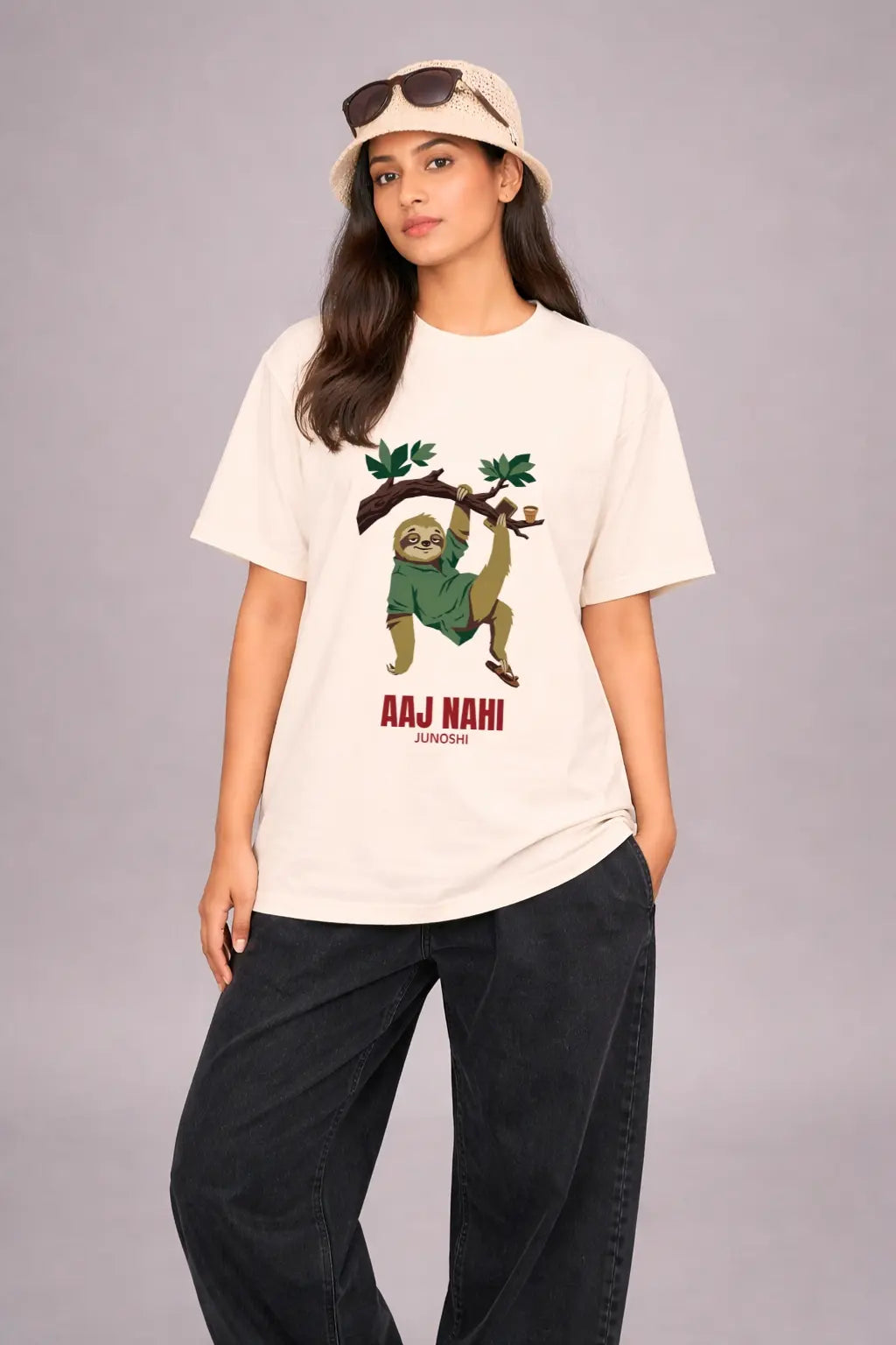 Aaj Nahi Sloth Desi Graphic Oversized Tee for Women — Off-White | JUNOSHI Desi Drip