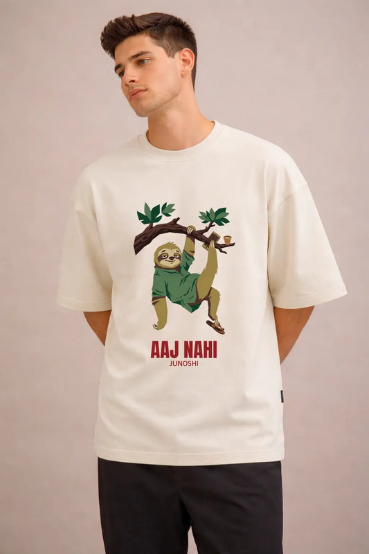 Aaj Nahi Sloth Desi Streetwear Oversized Terry Tee — Front View Off-White | JUNOSHI Desi Drip