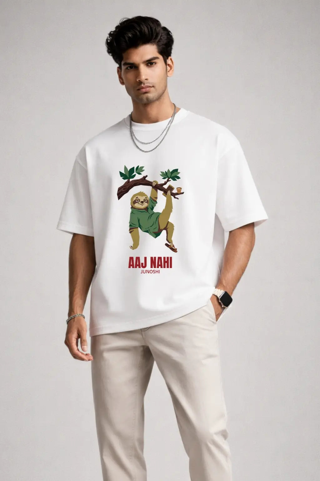 Aaj Nahi Sloth Desi Streetwear Oversized Terry Tee — Front View White | JUNOSHI