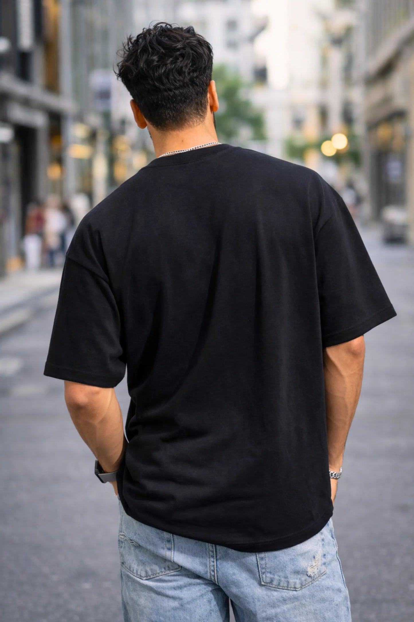 Abhi Nahi Match Chal Raha Hai — Oversized Terry Tee in Black, Back View Street Style
