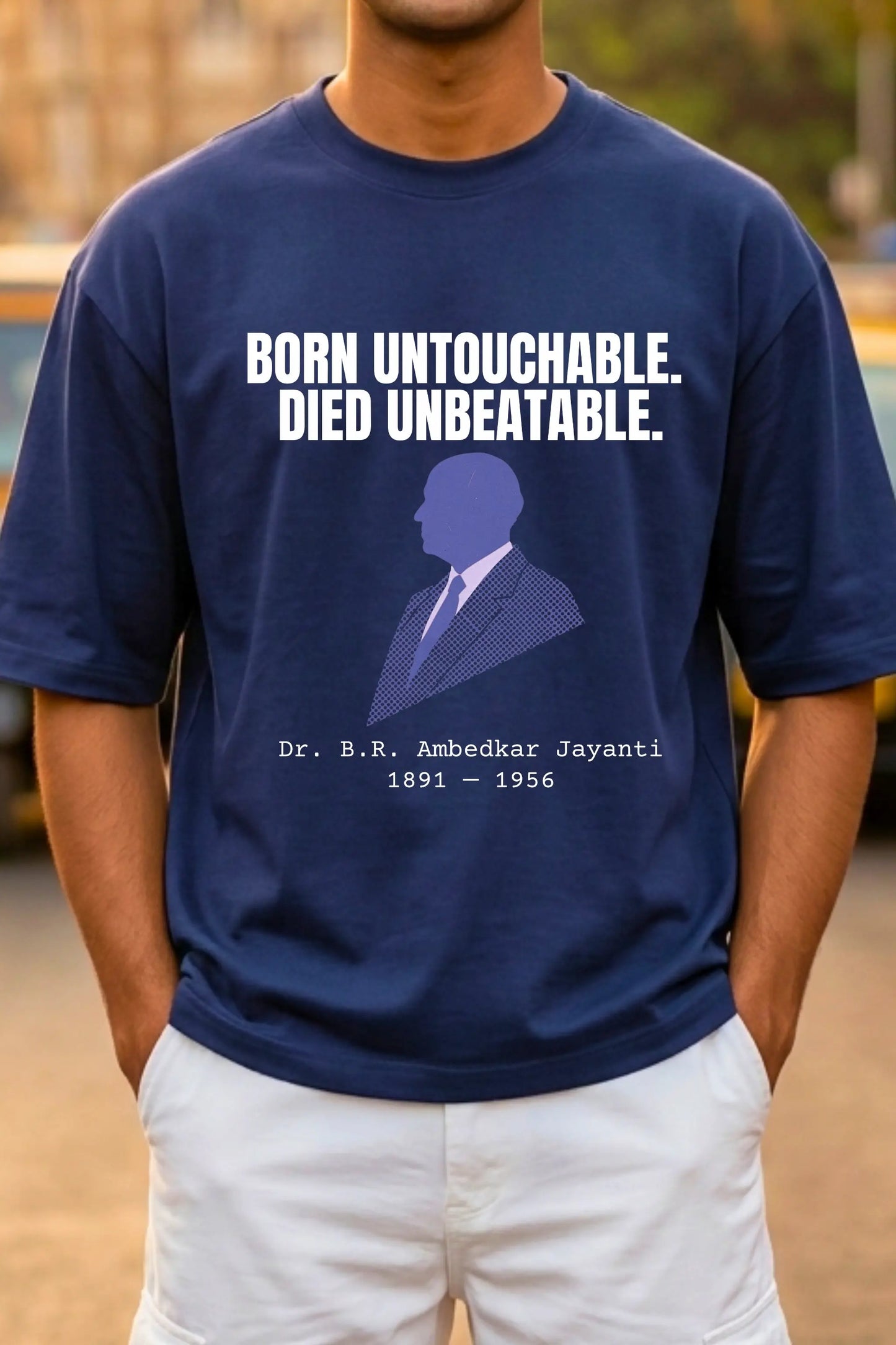 Close-up of Ambedkar Jayanti graphic tee design in Royal Blue — bold DTF print, 300 DPI, by Junoshi