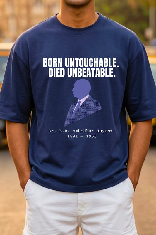 Close-up of Ambedkar Jayanti graphic tee design in Royal Blue — bold DTF print, 300 DPI, by Junoshi