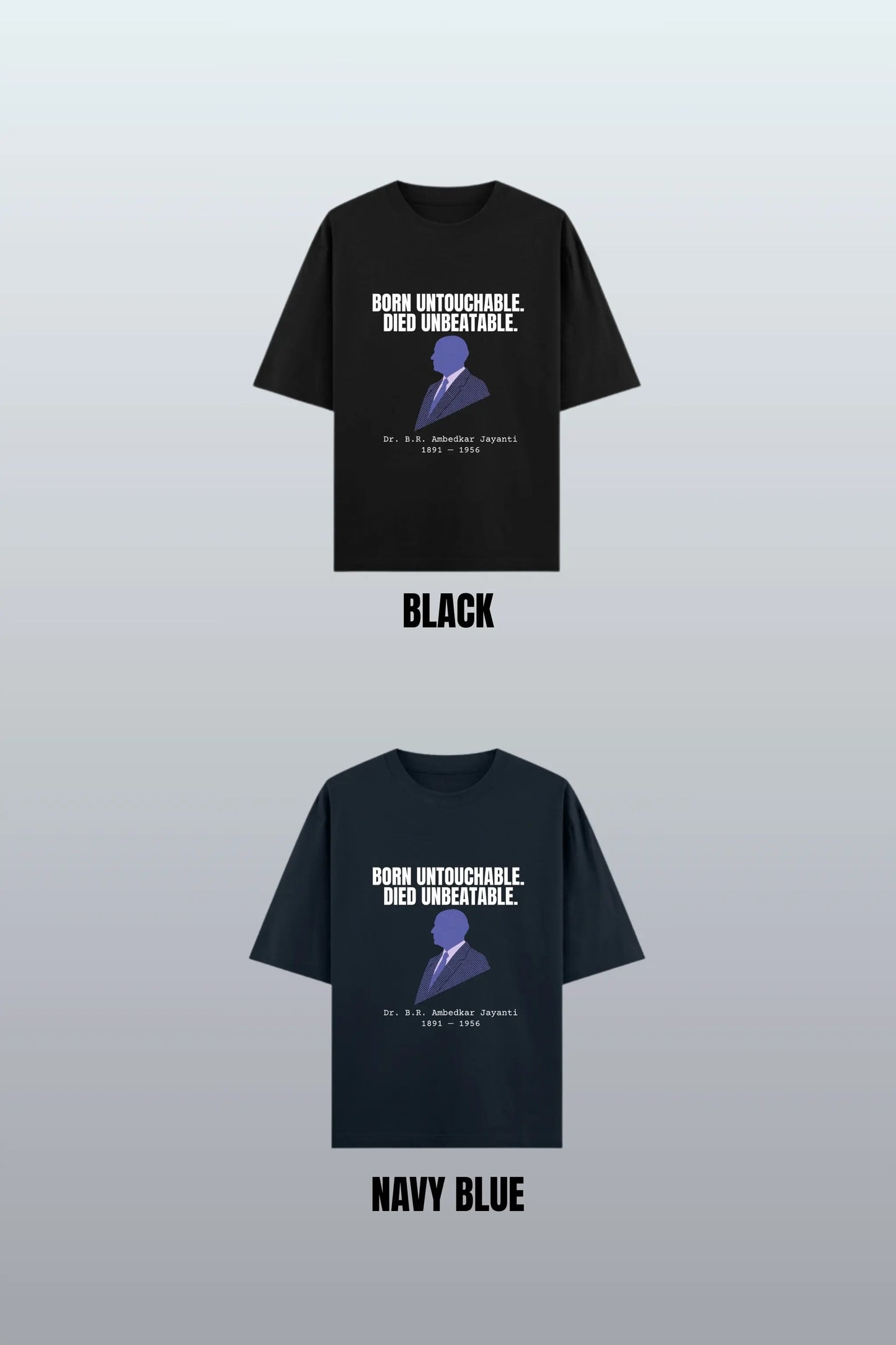 Flatlay of Ambedkar Jayanti oversized tees in Black and Navy Blue — Written in Stone drop by Junoshi