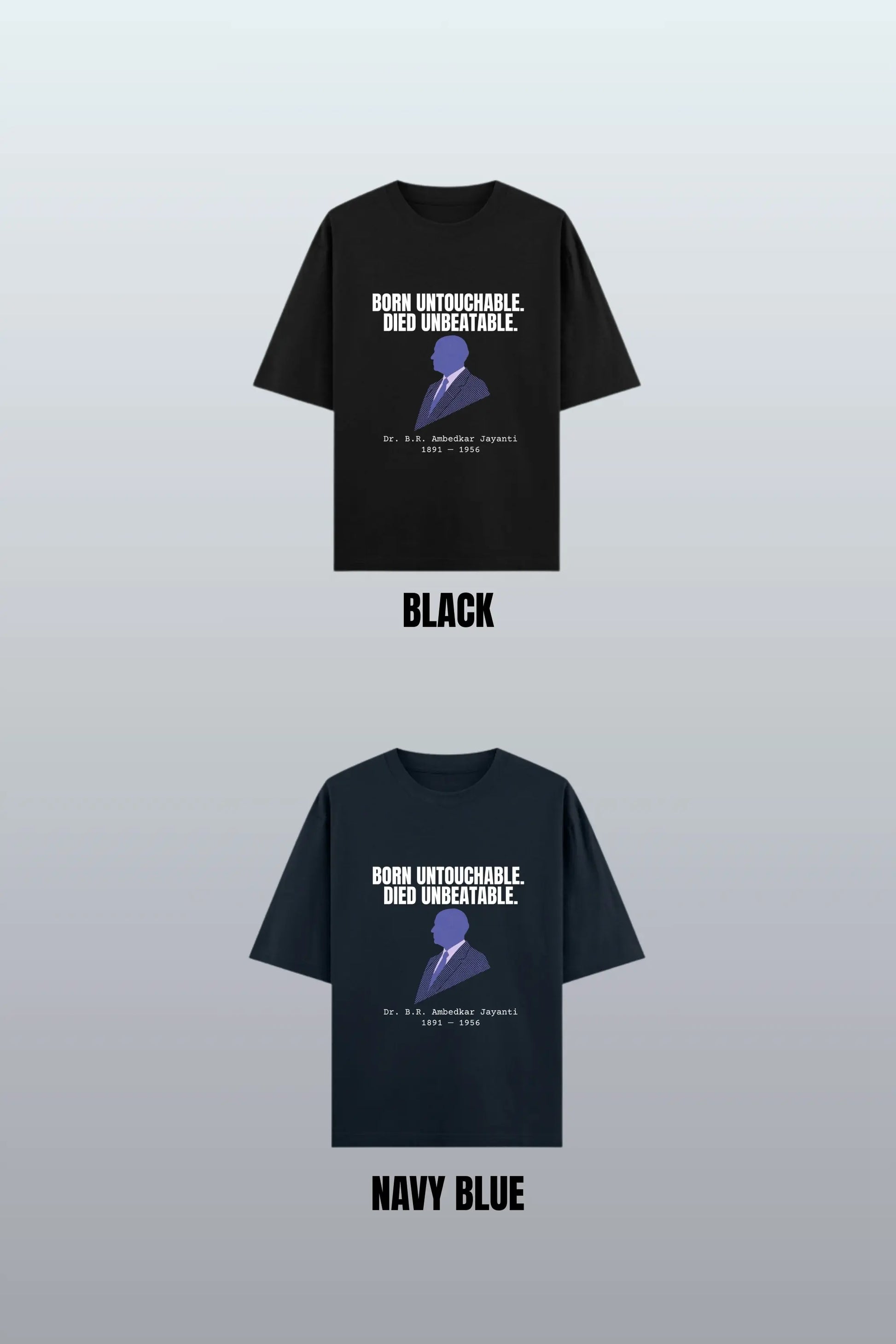 Flatlay of Ambedkar Jayanti oversized tees in Black and Navy Blue — Written in Stone drop by Junoshi
