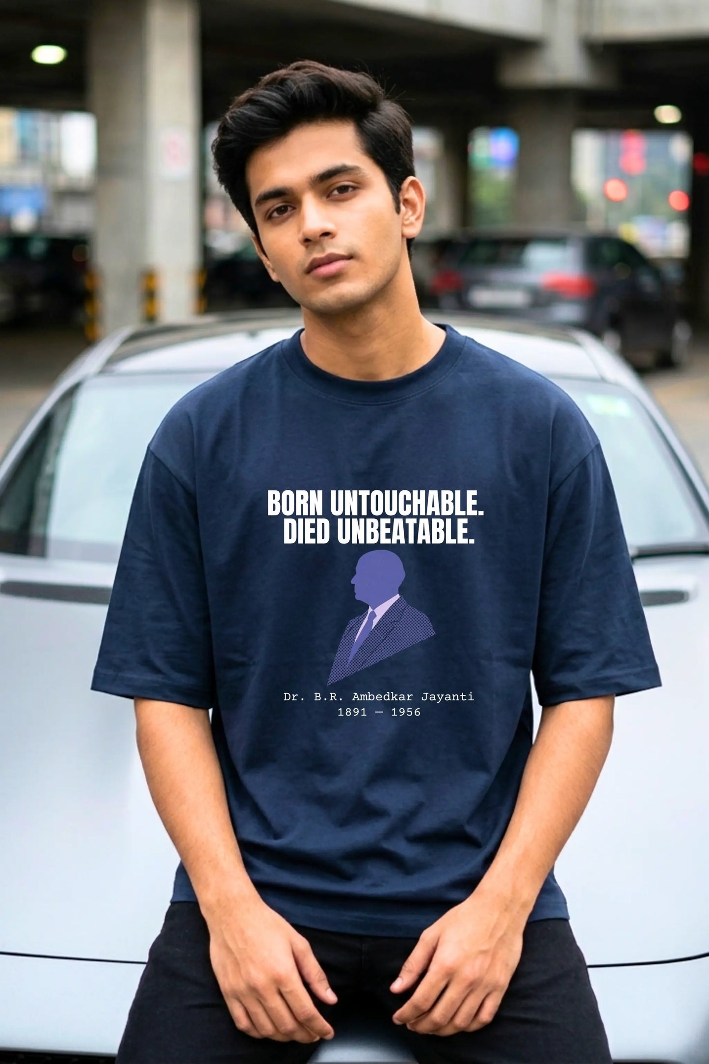 Unbeatable Ambedkar Jayanti oversized tee in Navy Blue — premium DTF print unisex streetwear | Junoshi