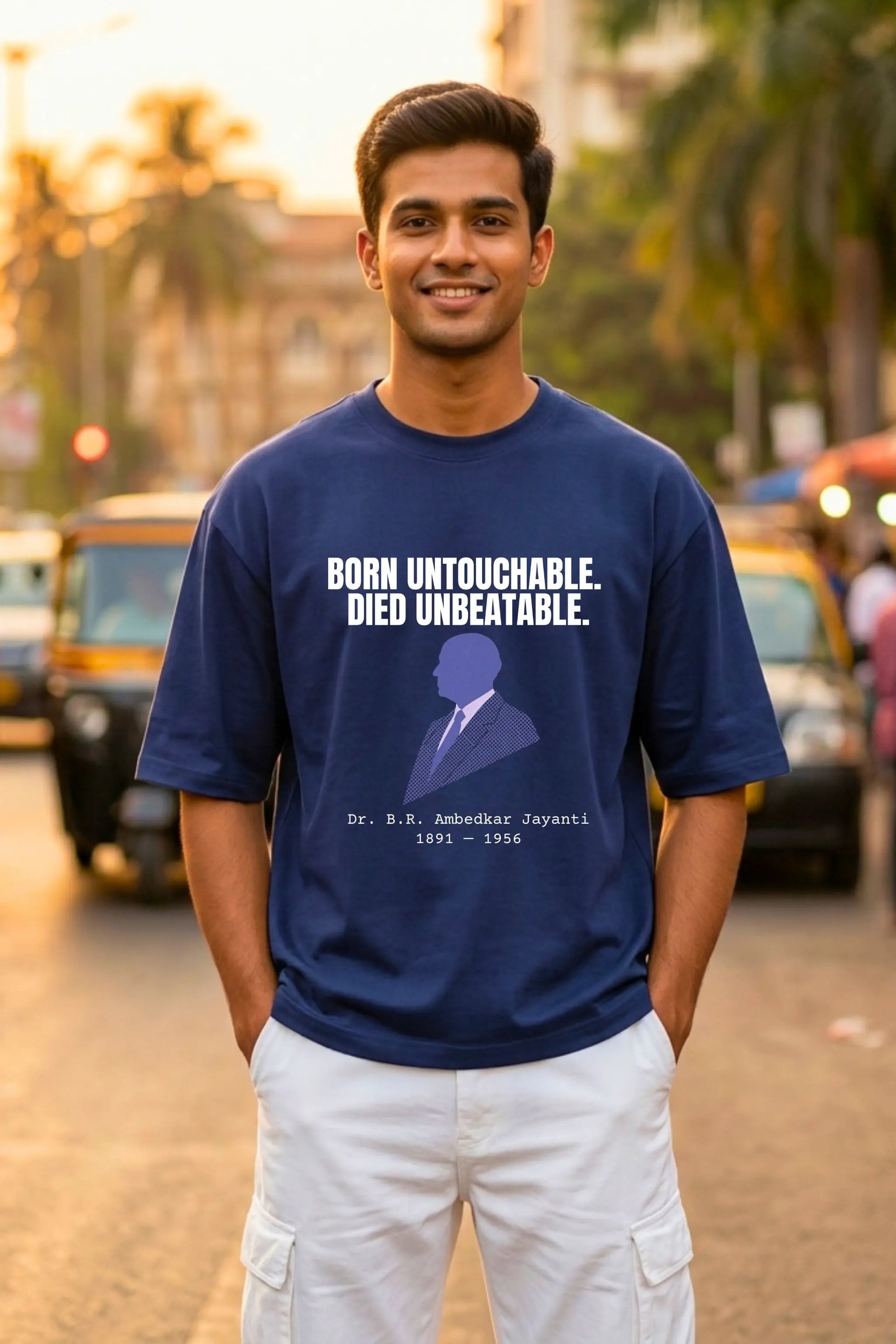 Unbeatable Ambedkar Jayanti oversized unisex tee in Royal Blue — Written in Stone drop by Junoshi