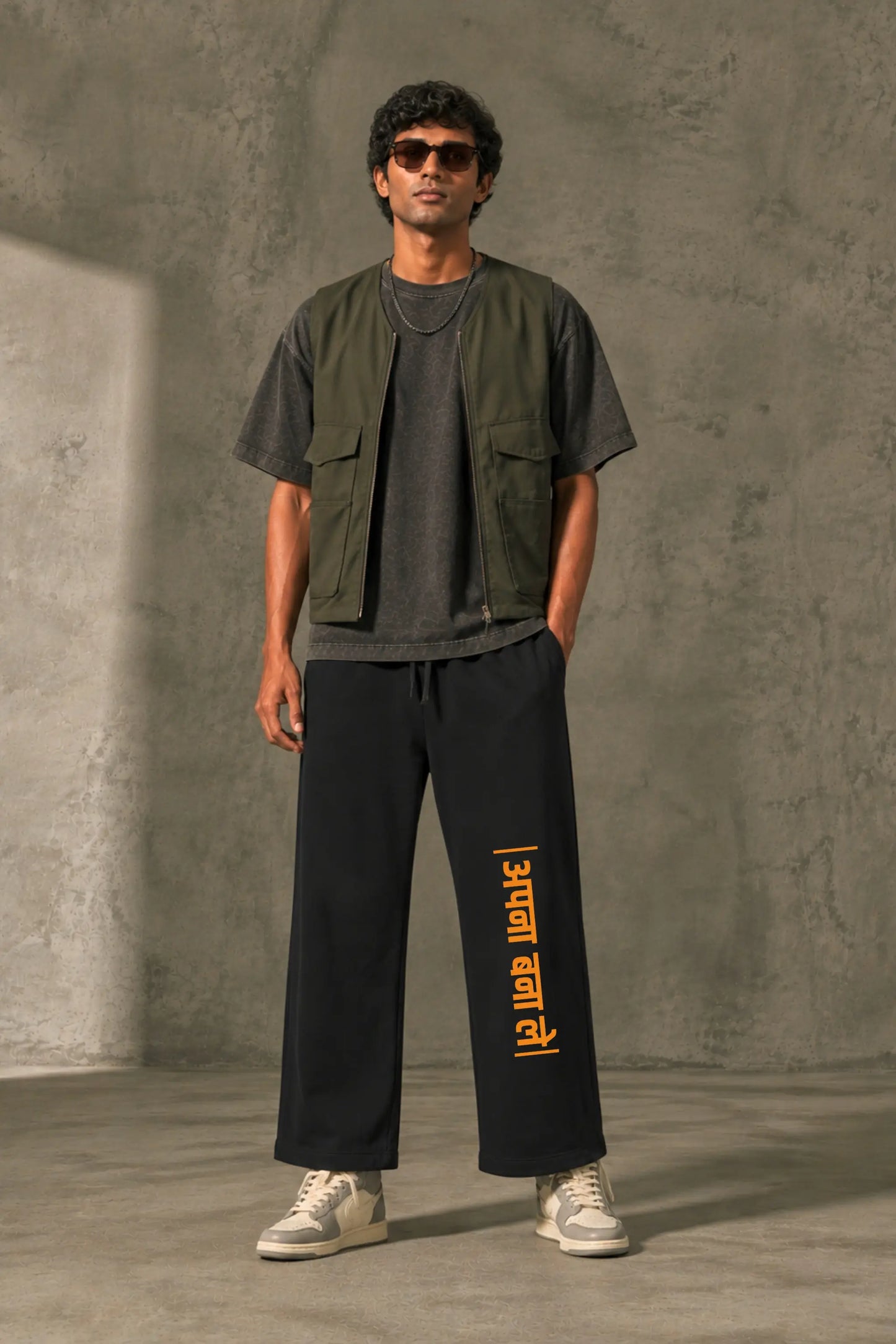 Apna Bana Le Hindi Slang Streetwear Unisex Sweatpants — Men's Front Styled Look | JUNOSHI Easy Beings