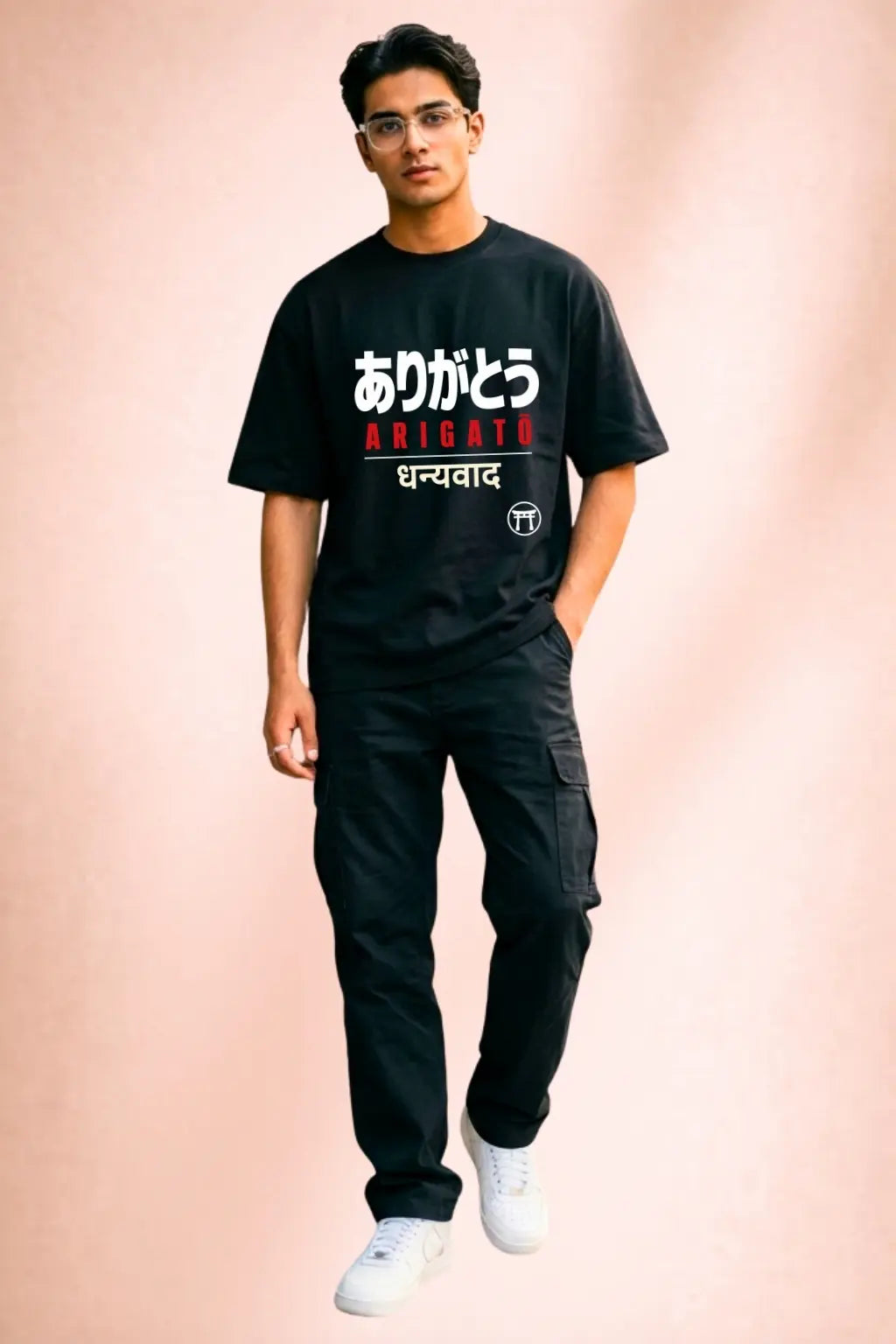 Arigatō Dhanyavad Japan Travel Oversized Tee — Men Full Body Model View, Unisex Black Oversized Fit