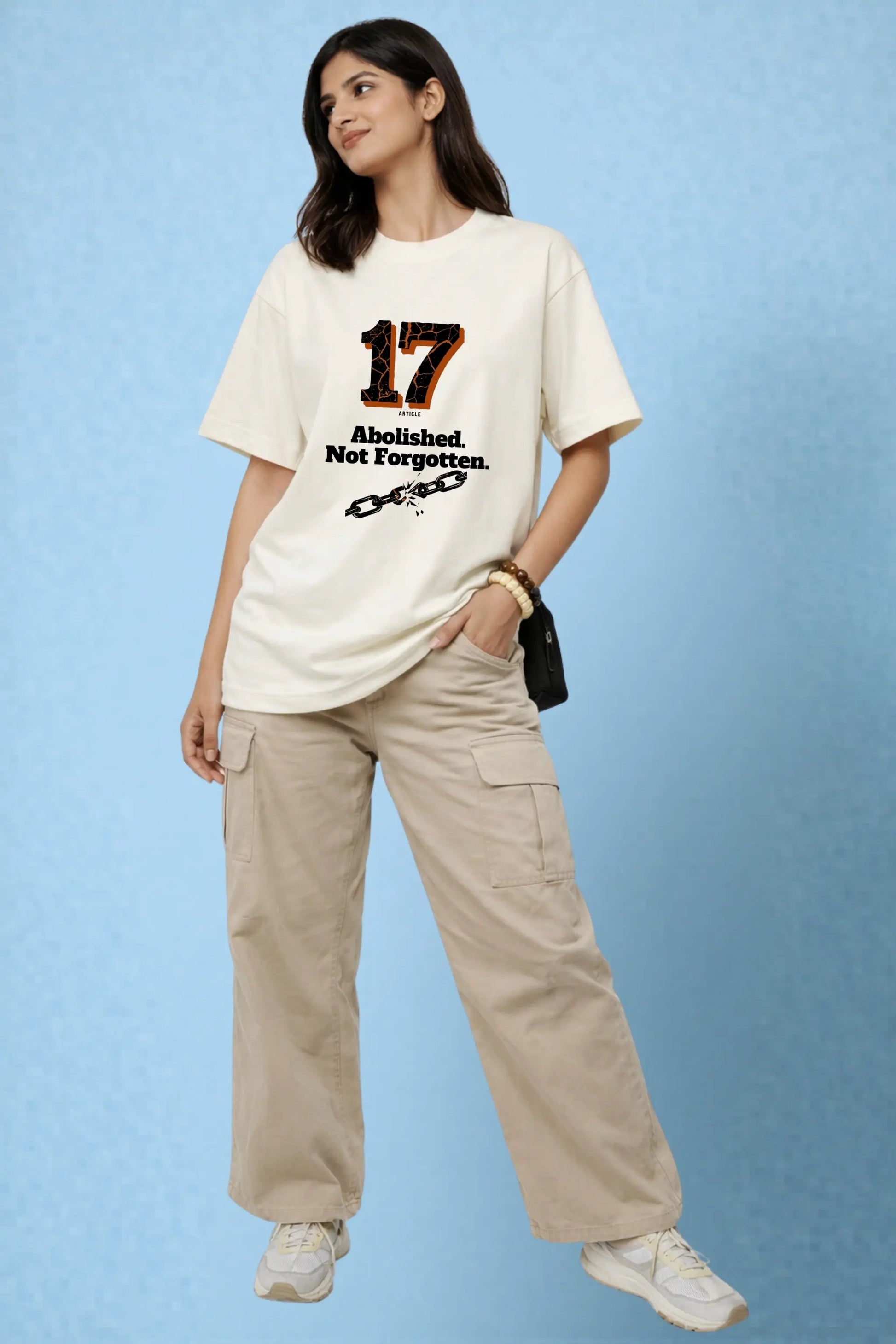 Article 17 Abolished Not Forgotten Oversized Terry Tee in Cream — Full Body Female Styled | JUNOSHI Written in Stone