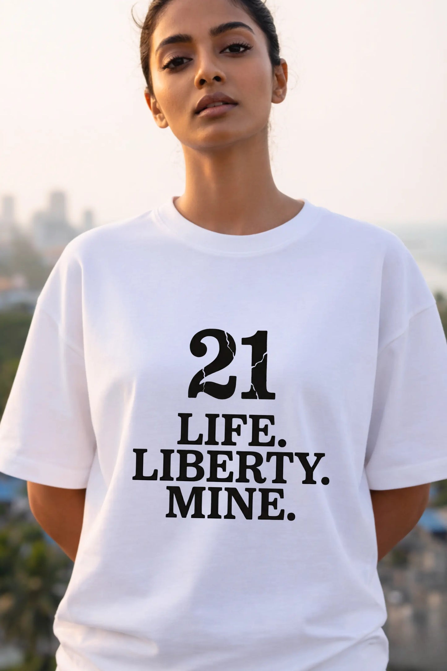Article 21 Design Close-Up — Life Liberty Mine White Oversized Tee — Written in Stone Drop