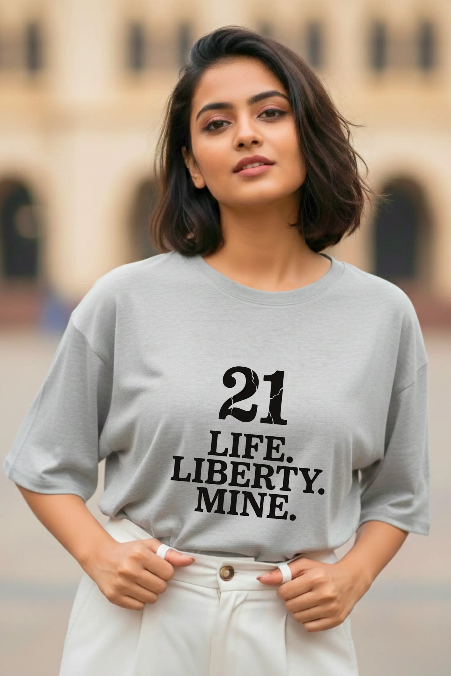 Article 21 Life Liberty Mine — Grey Melange Oversized Tee for Women — Written in Stone