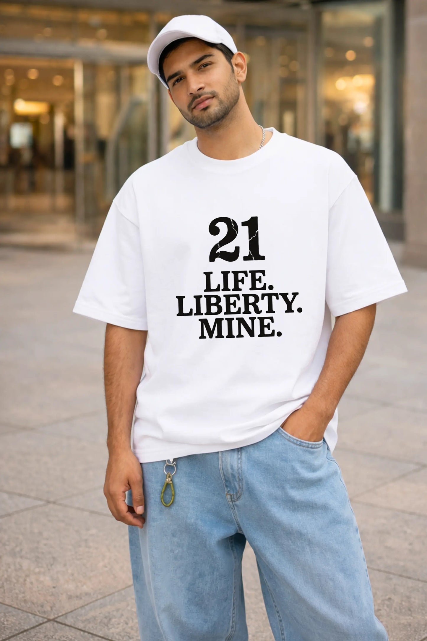 Article 21 Life Liberty Mine — White Oversized Tee for Men — Indian Constitutional Streetwear