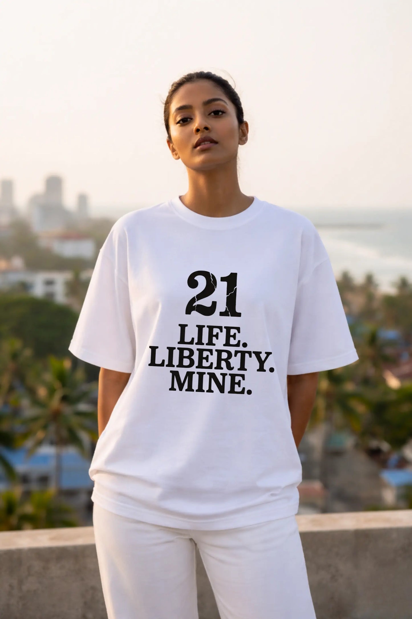 Article 21 Life Liberty Mine — White Oversized Tee for Women — Constitutional Streetwear