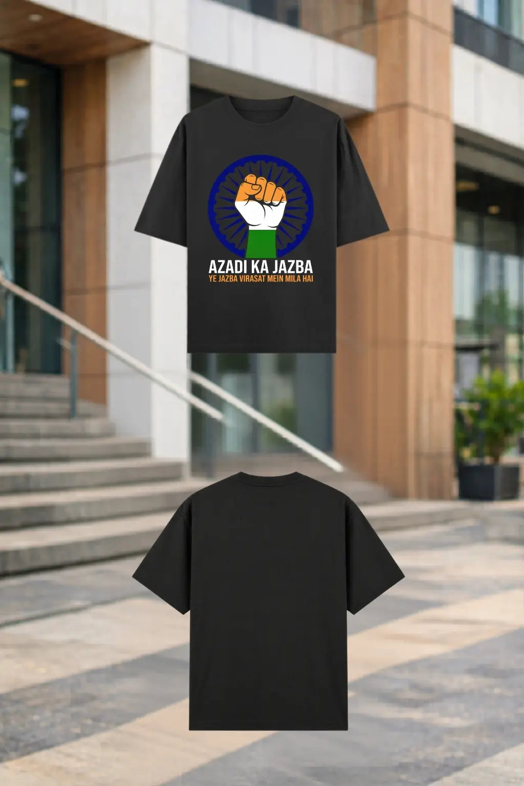 Azadi Ka Jazba oversized tee in black — front and back view — Indian pride freedom streetwear | JUNOSHI