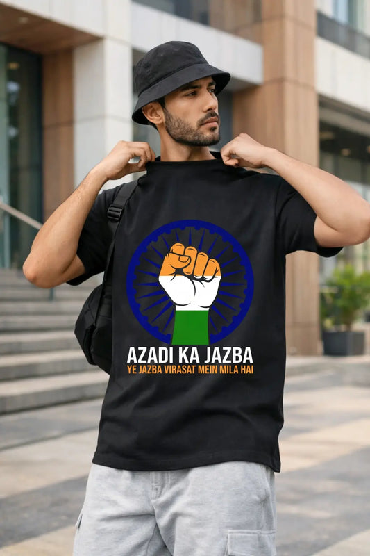 Man wearing Azadi Ka Jazba black oversized tee — Indian pride streetwear for men | JUNOSHI
