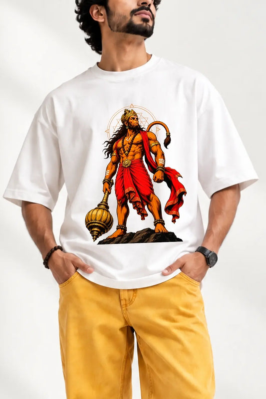 Bajrangbali with gada DTF print on white Hanuman oversized classic t-shirt, close-up front view | JUNOSHI