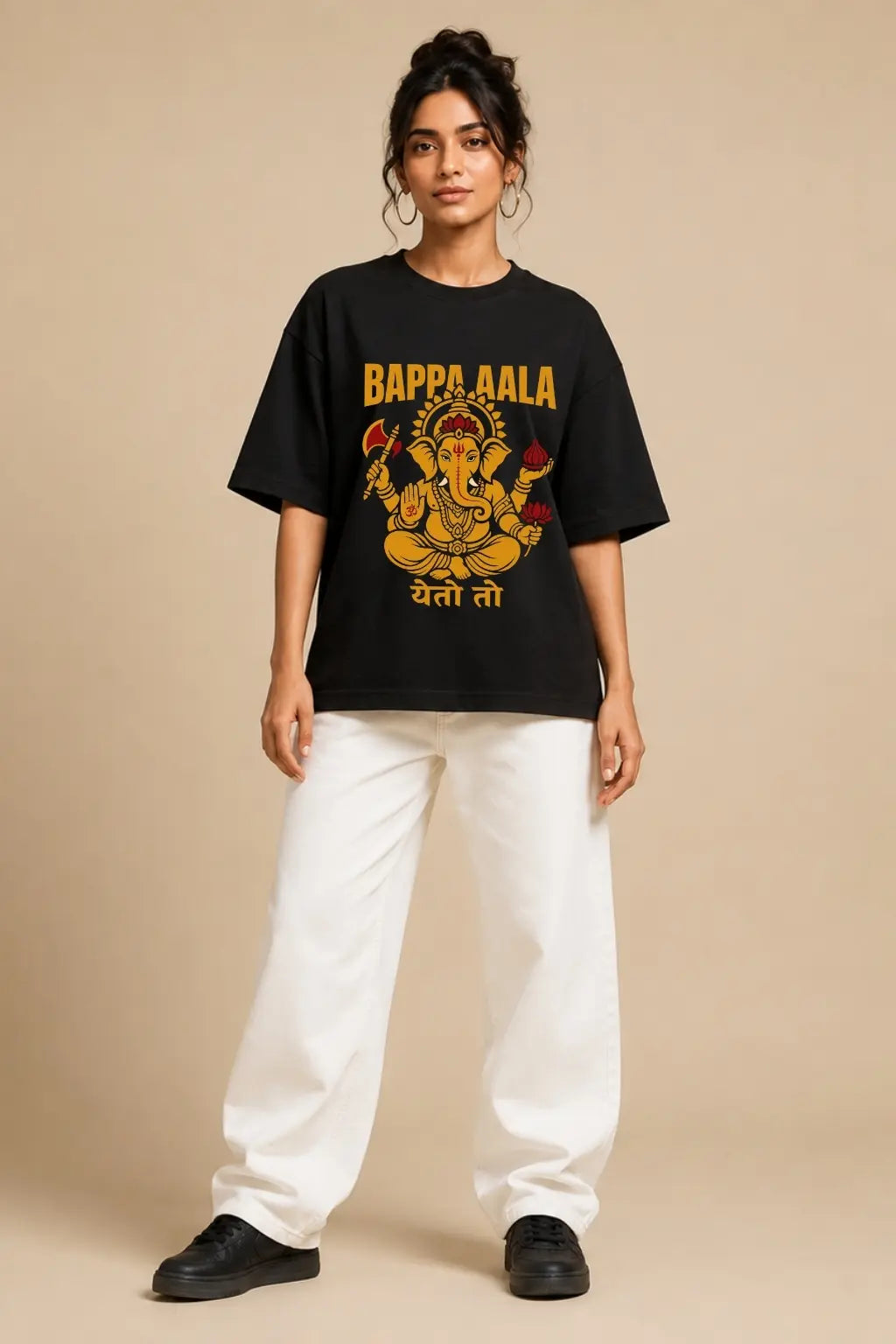 Bappa Aala Yeto To Ganesha Oversized T-Shirt Front View — Women