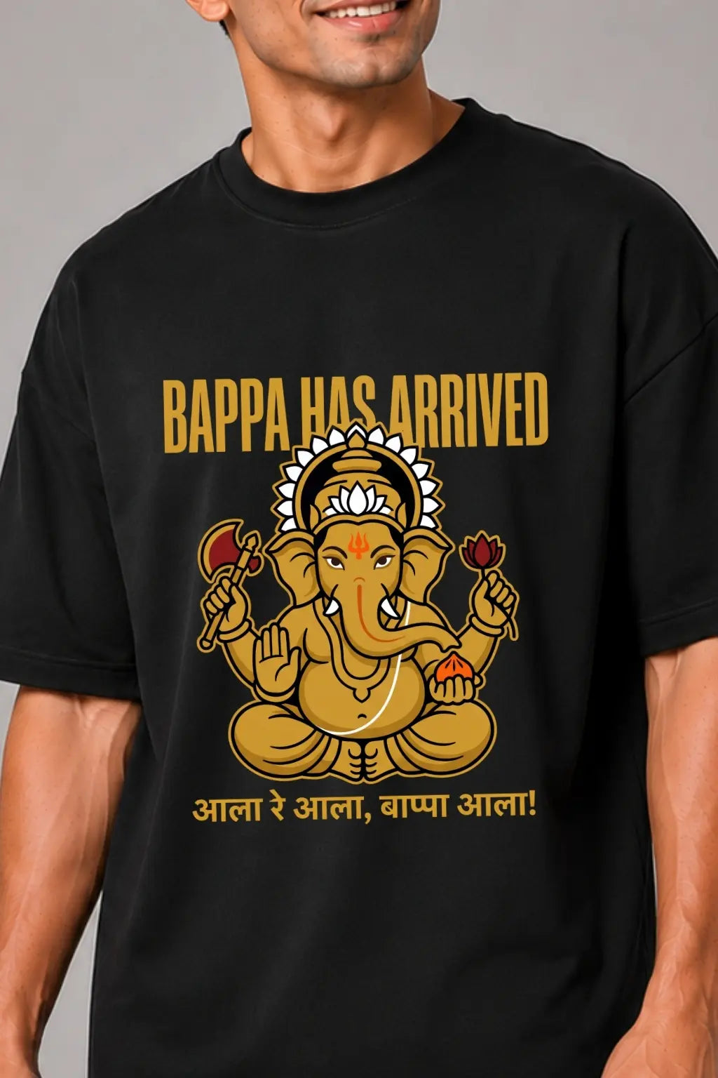 Bappa Has Arrived — Ganesh Chaturthi Tee Print Close-Up