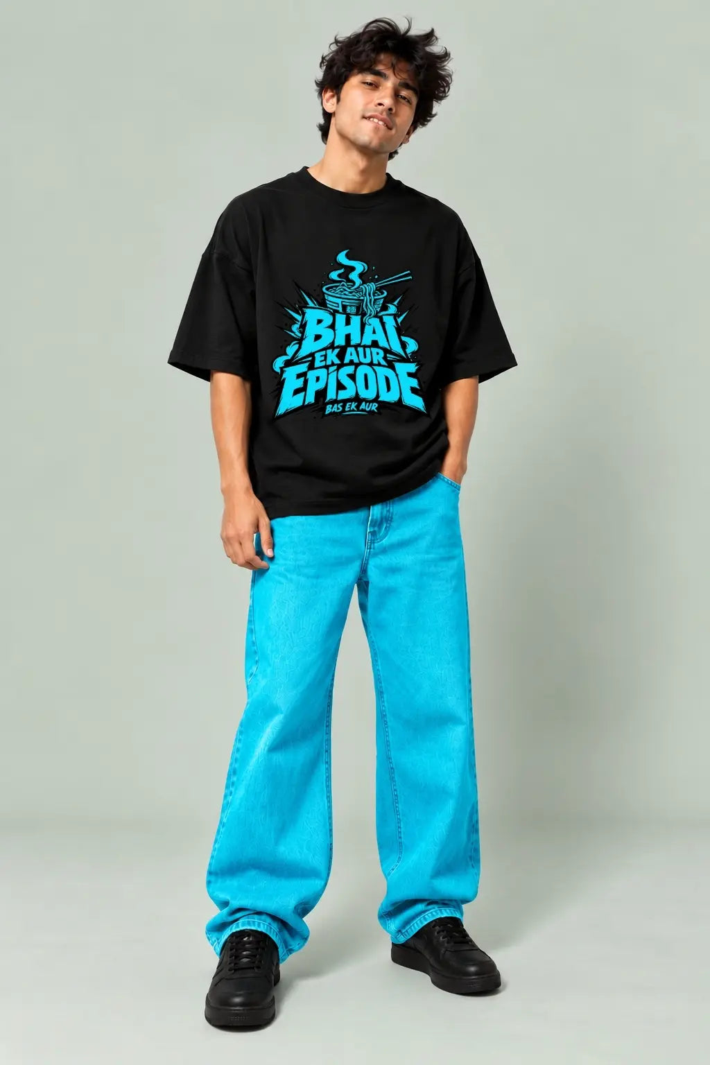 Bhai Ek Aur Episode — Binge-Watch Anime Oversized Terry T-Shirt in Black, Full-Body Front View | JUNOSHI