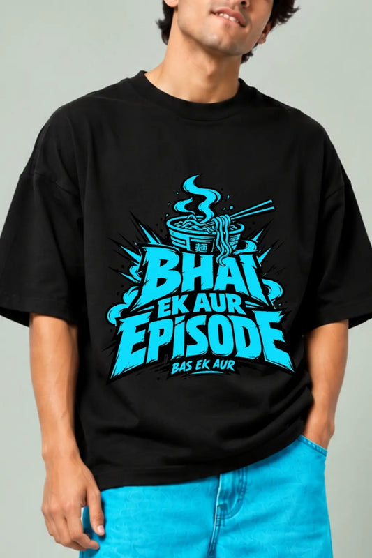 Bhai Ek Aur Episode — Neon Cyan Noodle Bowl Anime Print on Black Oversized Terry T-Shirt | JUNOSHI