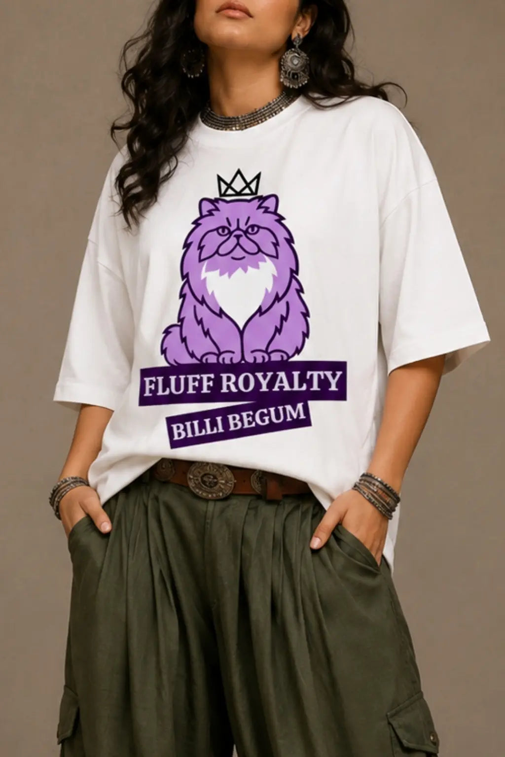 Billi Begum Fluff Royalty graphic closeup — Desi Cat Parent Oversized Tee DTF print detail