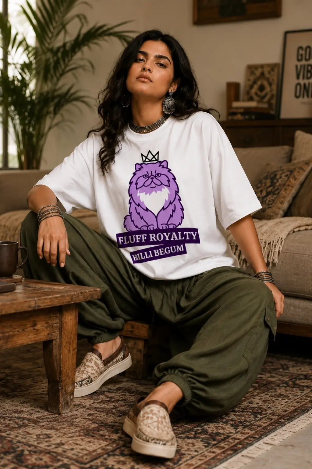 Billi Begum Fluff Royalty Oversized Tee — Desi Cat Parent Streetwear worn by model in boho styling