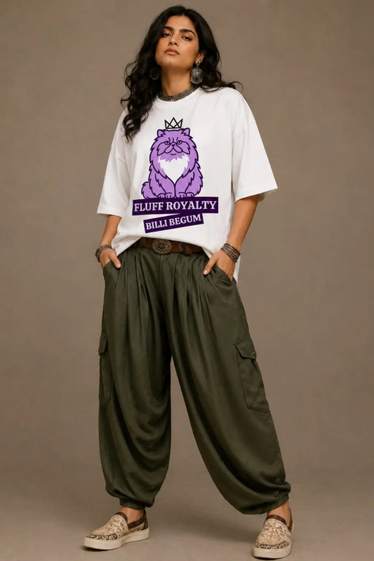 Billi Begum Fluff Royalty Oversized Tee — Unisex Cat Graphic Tee India full outfit front view