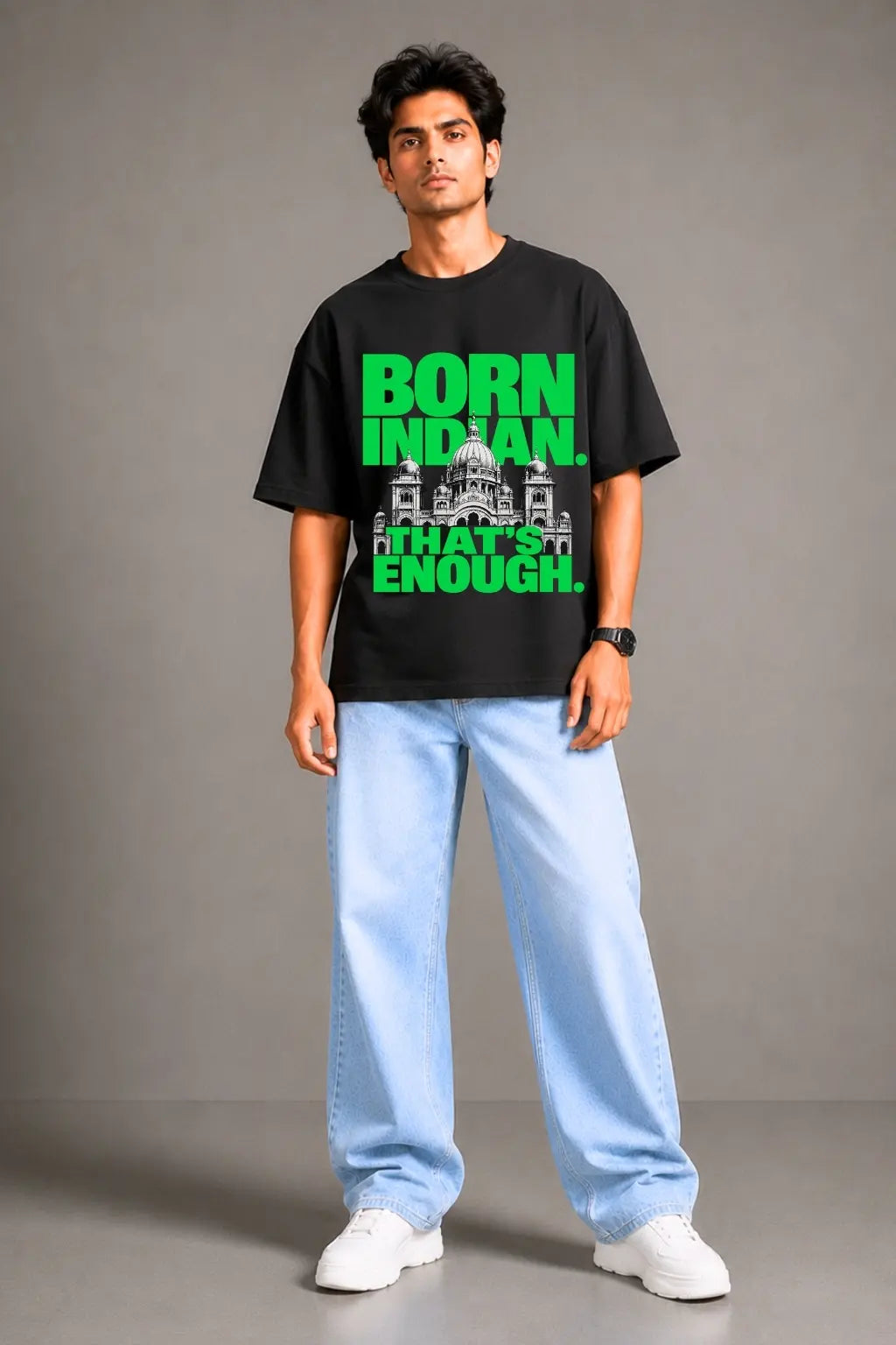 Born Indian — Patriotic Oversized Tee for Men in Black | JUNOSHI