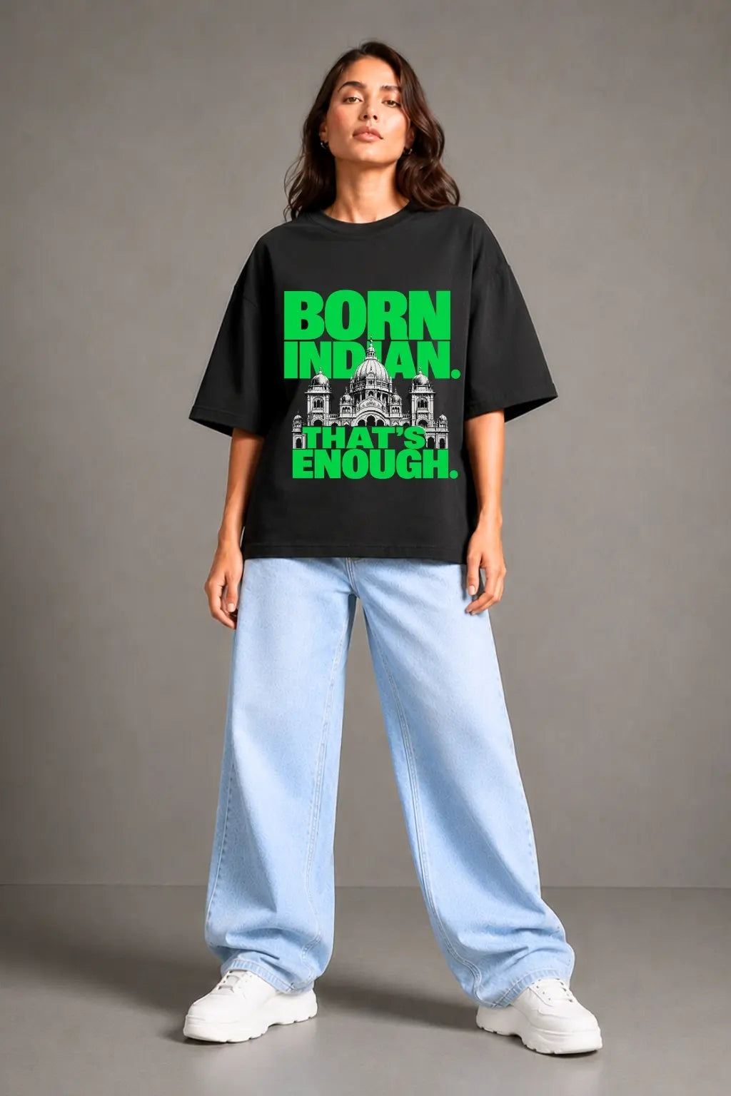 Born Indian — Patriotic Oversized Tee for Women in Black | JUNOSHI