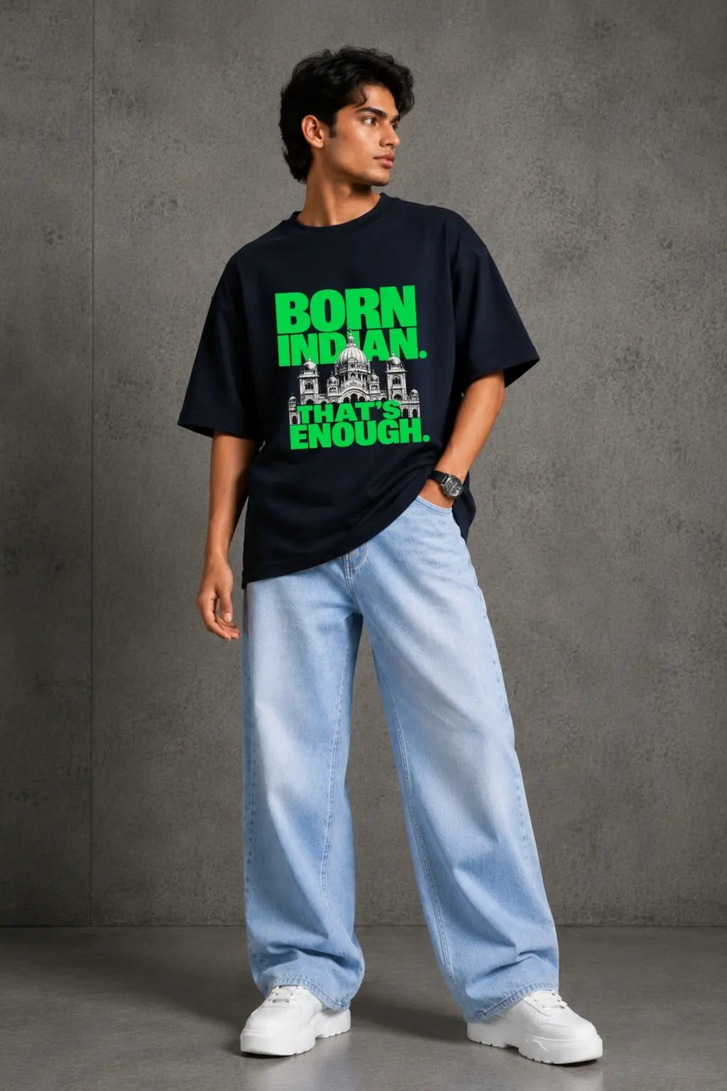 Born Indian — Patriotic Oversized Tee for Men in Navy Blue | JUNOSHI