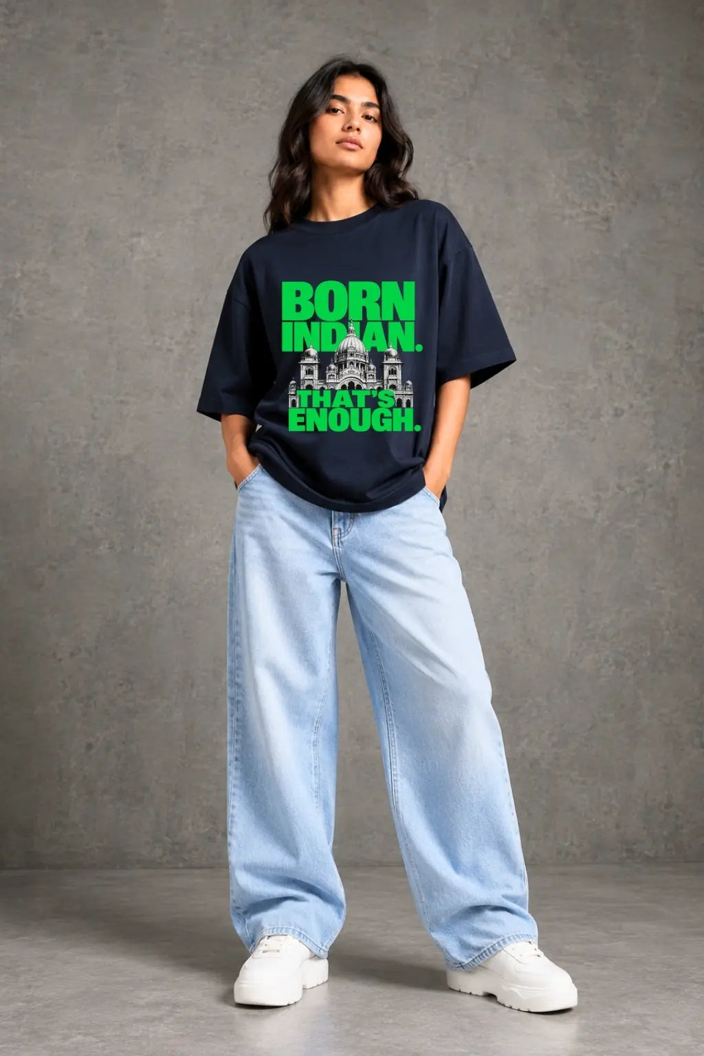 Born Indian — Patriotic Oversized Tee for Women in Navy Blue | JUNOSHI