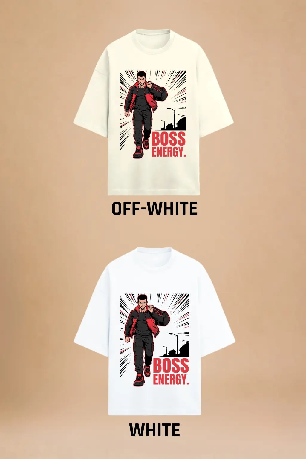 Boss Energy — Anime Streetwear Oversized Tee Off-White and White Color Options | JUNOSHI